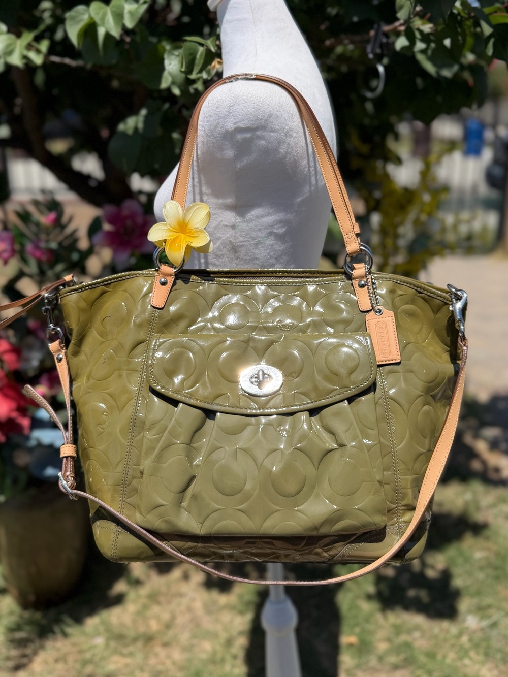 Coach Olive Green Quilted Patent Shoulder Tote
